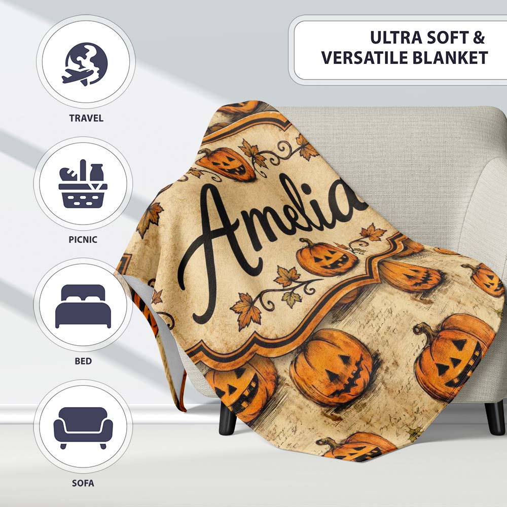 Vintage Sketch Style Pumpkins on Script Background Halloween Lovely Personalised Custom Name Super Soft Fleece Blanket Bed Sofa Throw