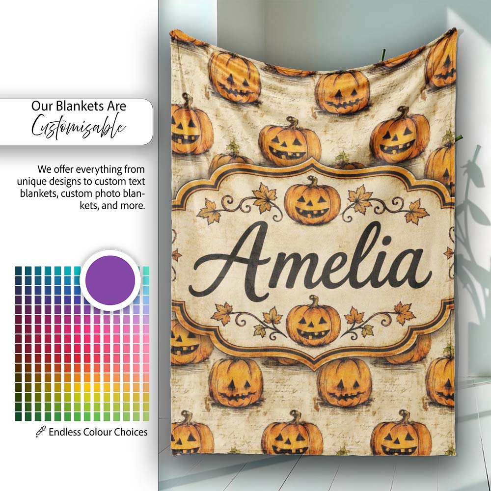 Vintage Sketch Style Pumpkins on Script Background Halloween Lovely Personalised Custom Name Super Soft Fleece Blanket Bed Sofa Throw
