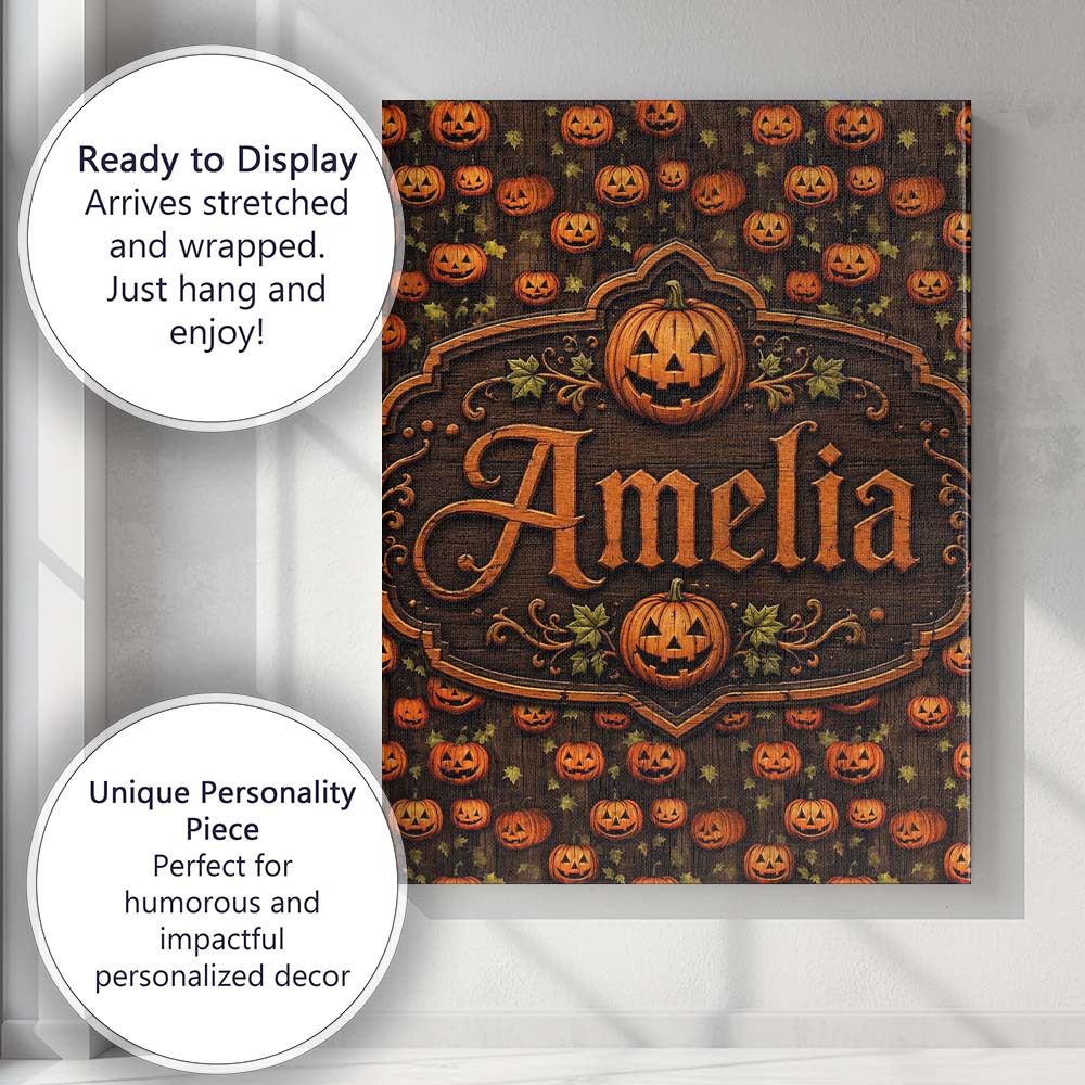 Personalised Name Hanging Pumpkin and Custom Modern Room Accent Creative Decorator Style Canvas Wall Art Print Decor Picture Ready to Hang