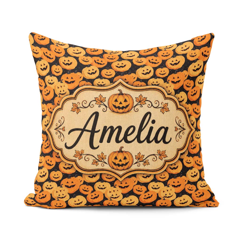 Custom Name Cartoon Pumpkin Toss Pattern on Dark Night Halloween Square Filled Cushion Throw Pillow Sofa Bed Home Decor Zip Washable UK Made
