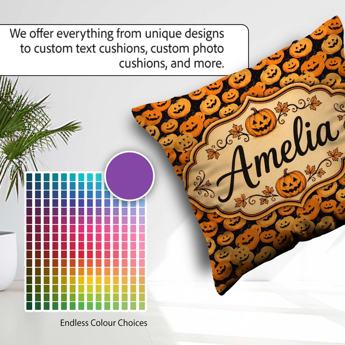 Custom Name Cartoon Pumpkin Toss Pattern on Dark Night Halloween Square Filled Cushion Throw Pillow Sofa Bed Home Decor Zip Washable UK Made