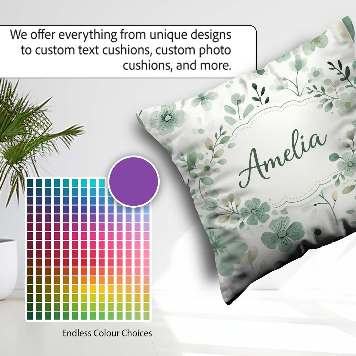 Custom Name Watercolor Green Rainbow Pattern Background Seamless Square Filled Cushion Throw Pillow Sofa Bed Home Decor Zip Washable UK Made
