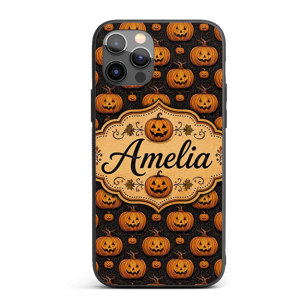 Ornate Halloween Pumpkin Motif with Swirls on Custom Name Protective Phone Case Mobile Cover Durable Everyday Smartphone Shock Resistant