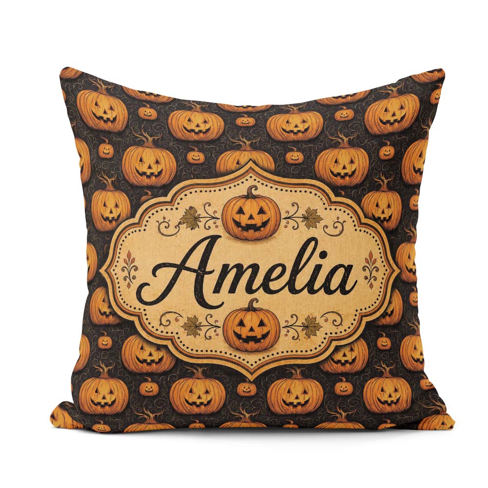 Custom Name Ornate Pumpkin Motif with Swirls on Black Background Square Filled Cushion Throw Pillow Sofa Bed Home Decor Zip Washable UK Made