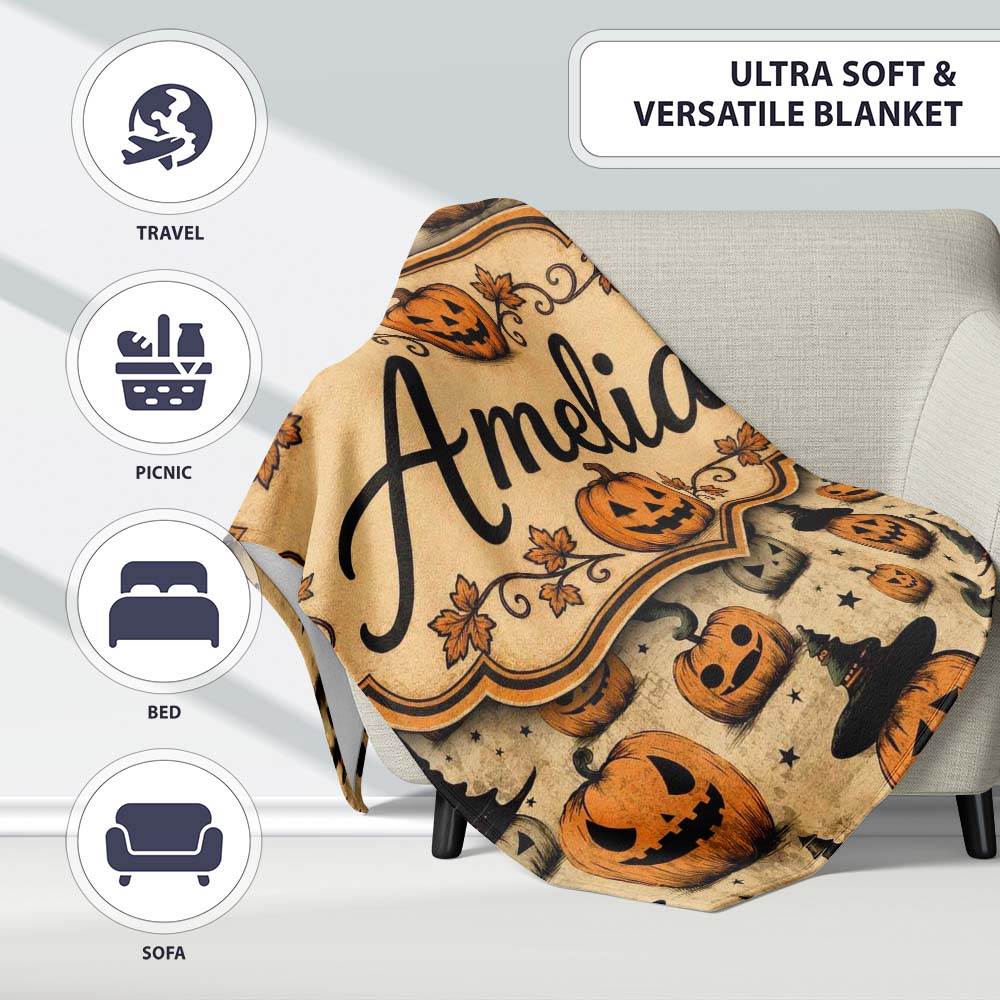 Halloween Pumpkins with Witch Hats and Stars on Vintage Background Personalised Custom Name Super Soft Fleece Blanket Bed Sofa Throw