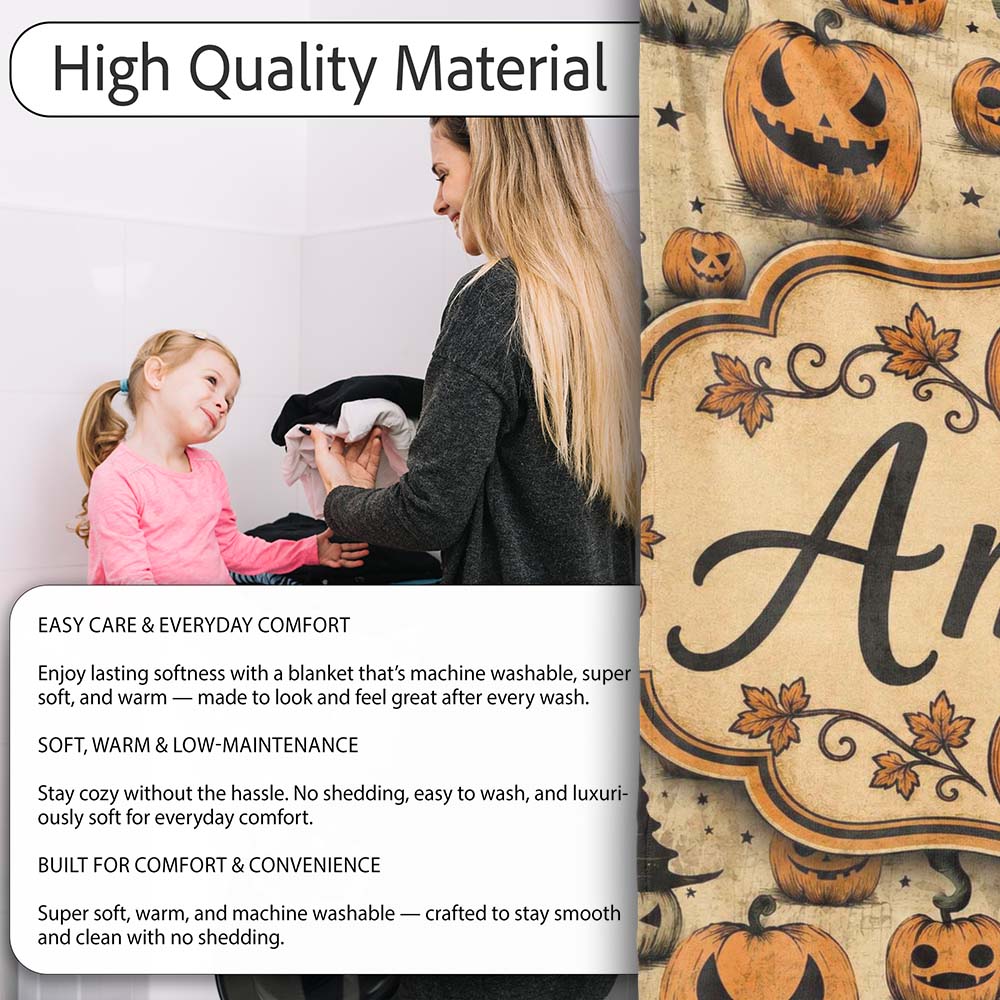 Halloween Pumpkins with Witch Hats and Stars on Vintage Background Personalised Custom Name Super Soft Fleece Blanket Bed Sofa Throw
