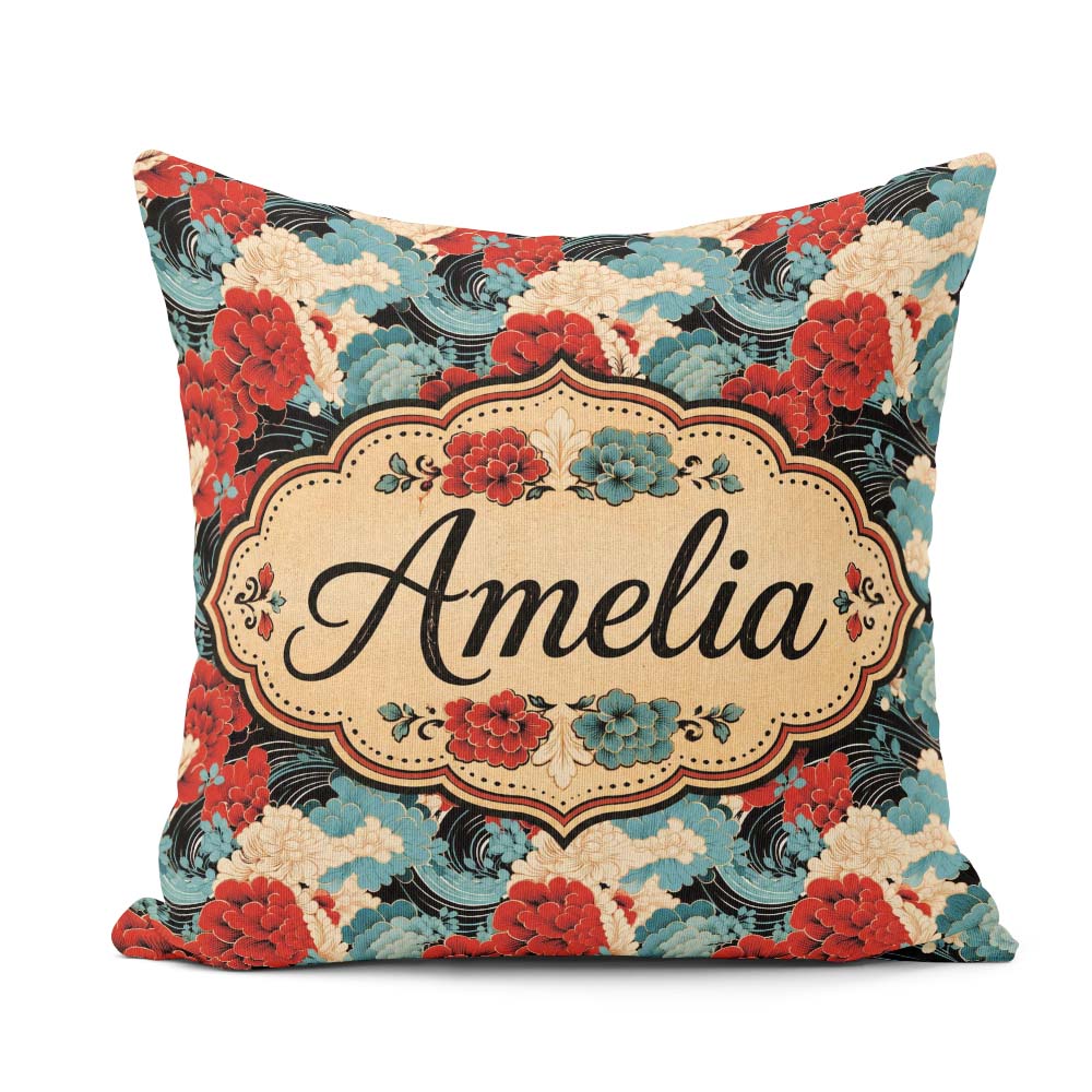 Custom Name Japanese Style Floral Waves with Red Blue and Cream Square Filled Cushion Throw Pillow Sofa Bed Home Decor Zip Washable UK Made