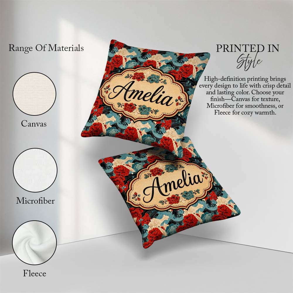 Custom Name Japanese Style Floral Waves with Red Blue and Cream Square Filled Cushion Throw Pillow Sofa Bed Home Decor Zip Washable UK Made