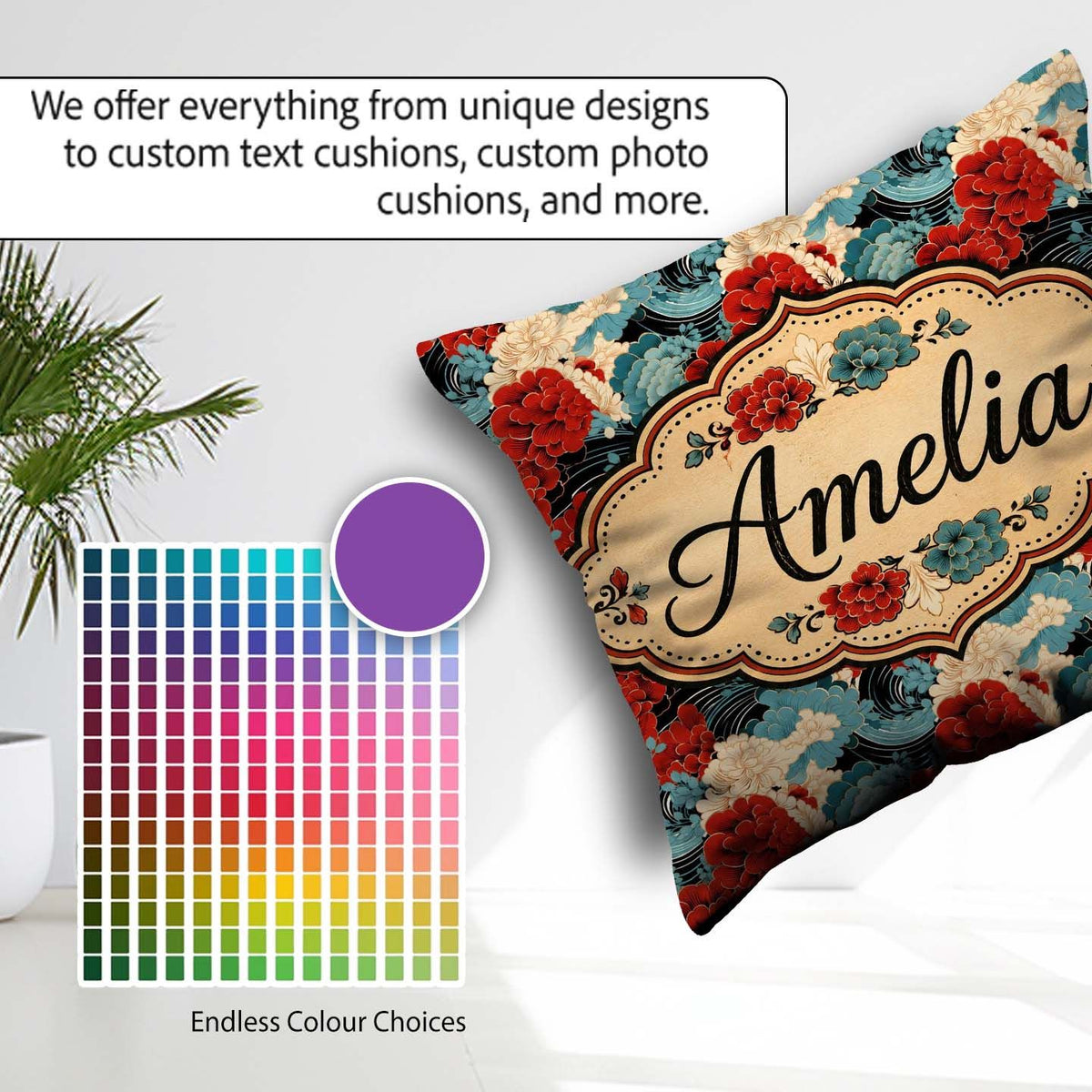 Custom Name Japanese Style Floral Waves with Red Blue and Cream Square Filled Cushion Throw Pillow Sofa Bed Home Decor Zip Washable UK Made