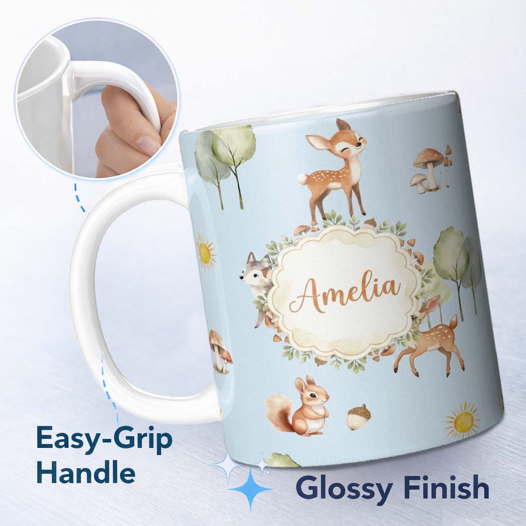 Personalized Custom Name Woodland Deer Fox Squirrel Trees Mushrooms Sun Soft Blue Seamless 11oz Ceramic Coffee Tea Mug White Large Handle