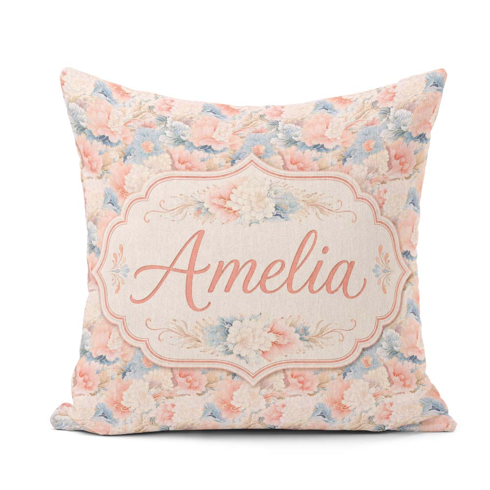 Custom Name Soft Pastel Floral Garden Blush and Flowers Seamless Square Filled Cushion Throw Pillow Sofa Bed Home Decor Zip Washable UK Made