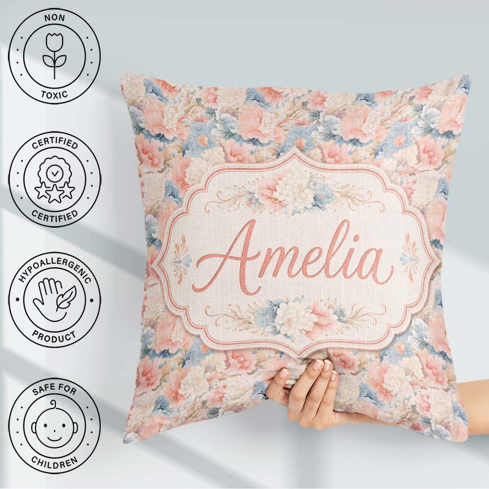 Custom Name Soft Pastel Floral Garden Blush and Flowers Seamless Square Filled Cushion Throw Pillow Sofa Bed Home Decor Zip Washable UK Made