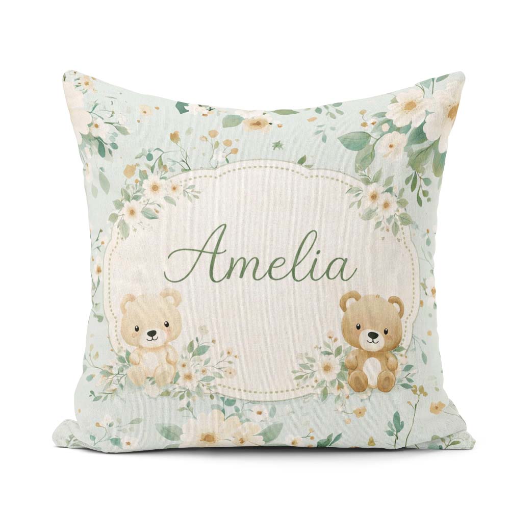 Custom Name Bear Floral Nursery Pattern Blue Background Seamless Square Filled Cushion Throw Pillow Sofa Bed Home Decor Zip Washable UK Made
