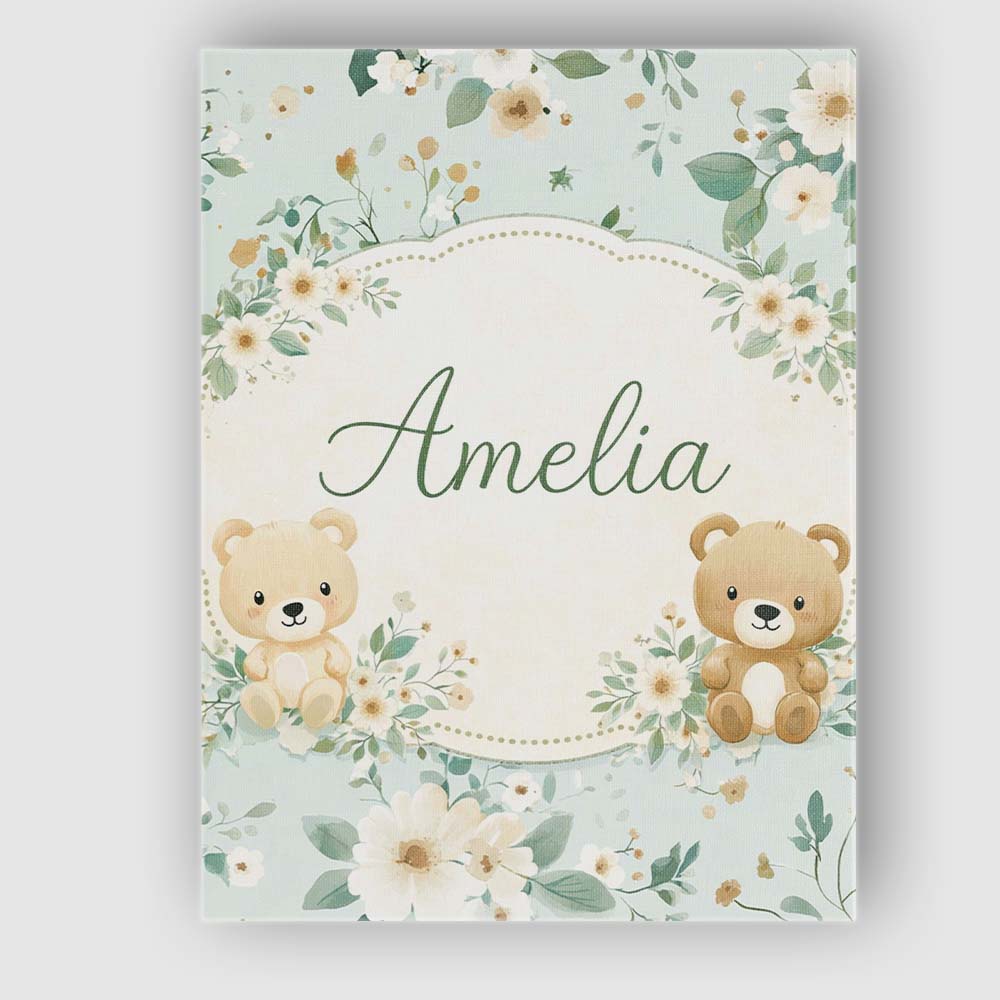 Personalised Name Teddy Bear Floral Nursery Pattern Blue Background Custom Canvas Wall Art Print Decor Picture Ready to Hang