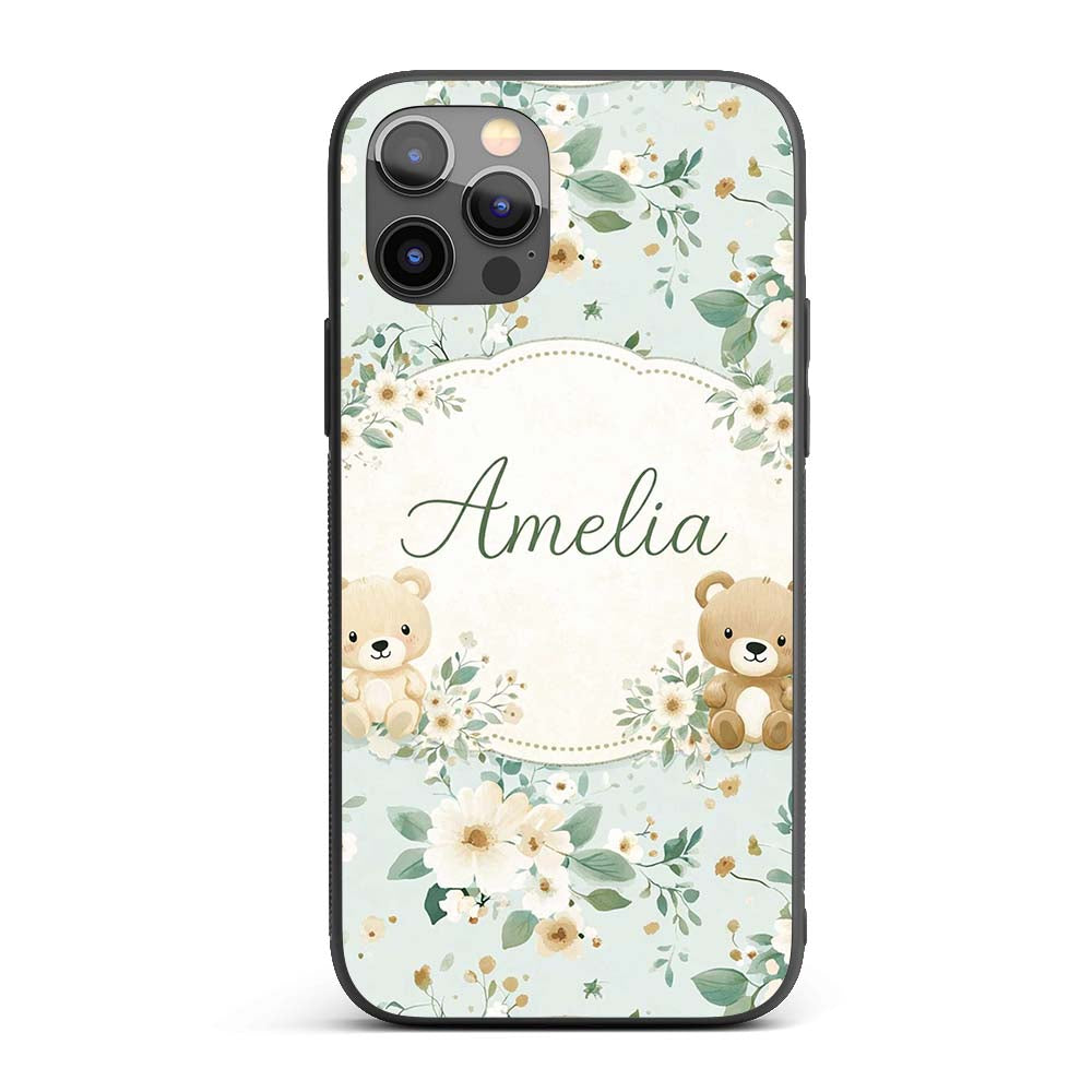Teddy Bear Floral Nursery Pattern Blue Background Custom Name Protective Phone Case Mobile Cover Durable Everyday Smartphone Shock Resistant