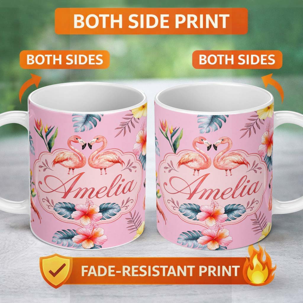 Personalized Custom Name Elegant Pink Flamingos Tropical Flowers on Blush Pink Background 11oz Ceramic Coffee Tea Mug White Large Handle