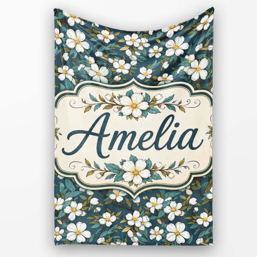 Teal Background White Floral Botanical Pattern with Detailed Leaves Personalised Custom Name Super Soft Fleece Blanket Bed Sofa Throw
