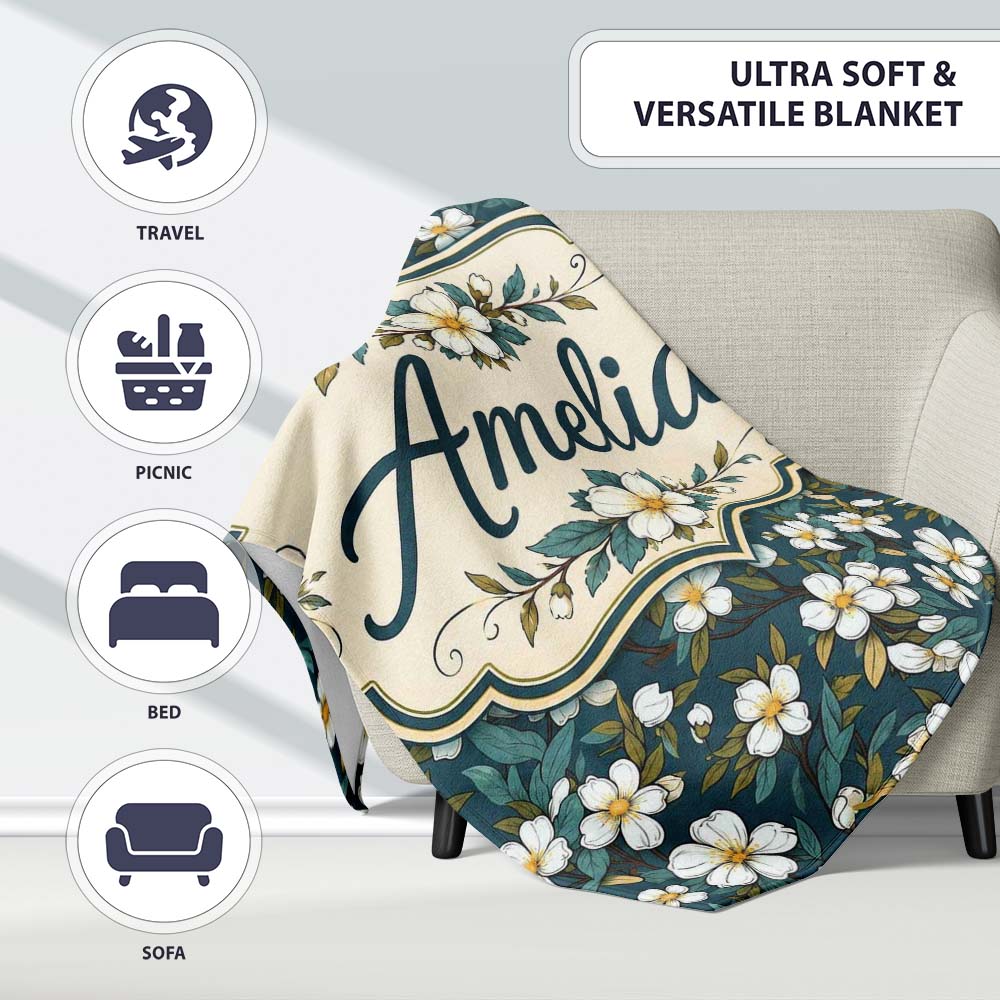 Teal Background White Floral Botanical Pattern with Detailed Leaves Personalised Custom Name Super Soft Fleece Blanket Bed Sofa Throw