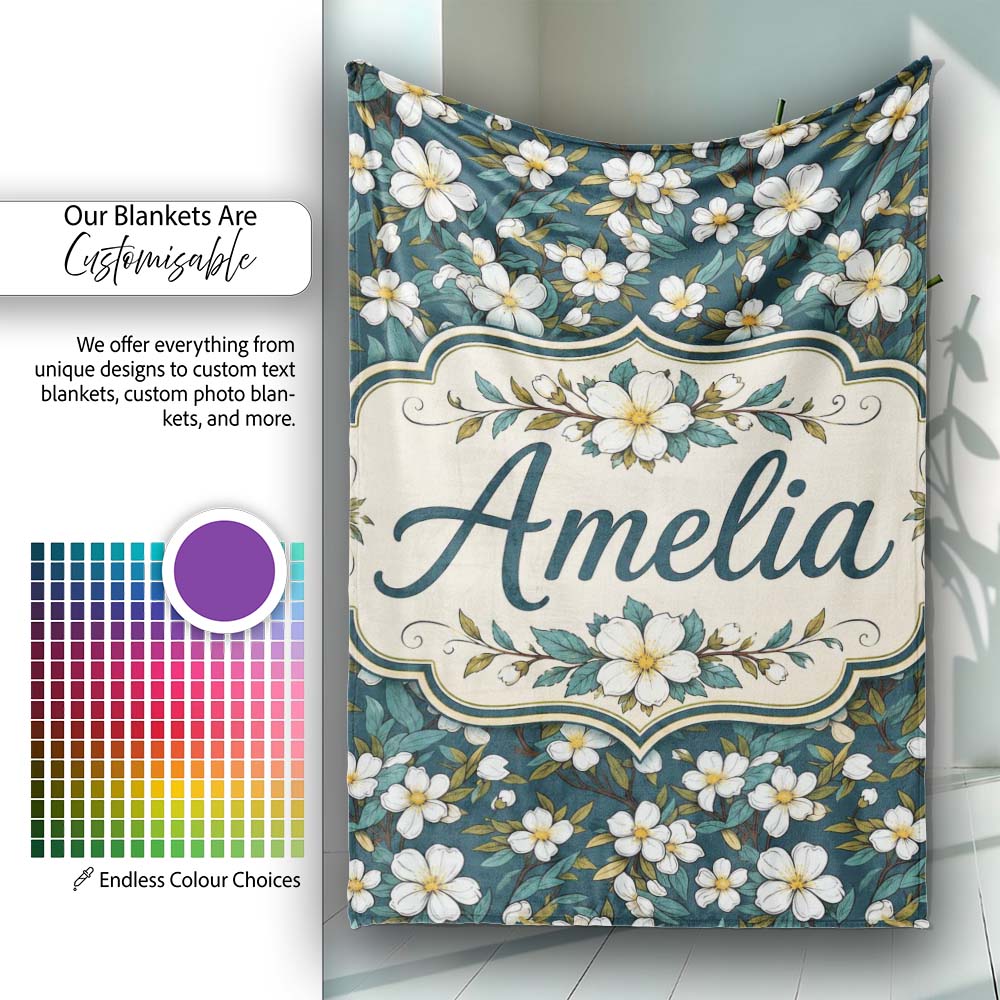 Teal Background White Floral Botanical Pattern with Detailed Leaves Personalised Custom Name Super Soft Fleece Blanket Bed Sofa Throw
