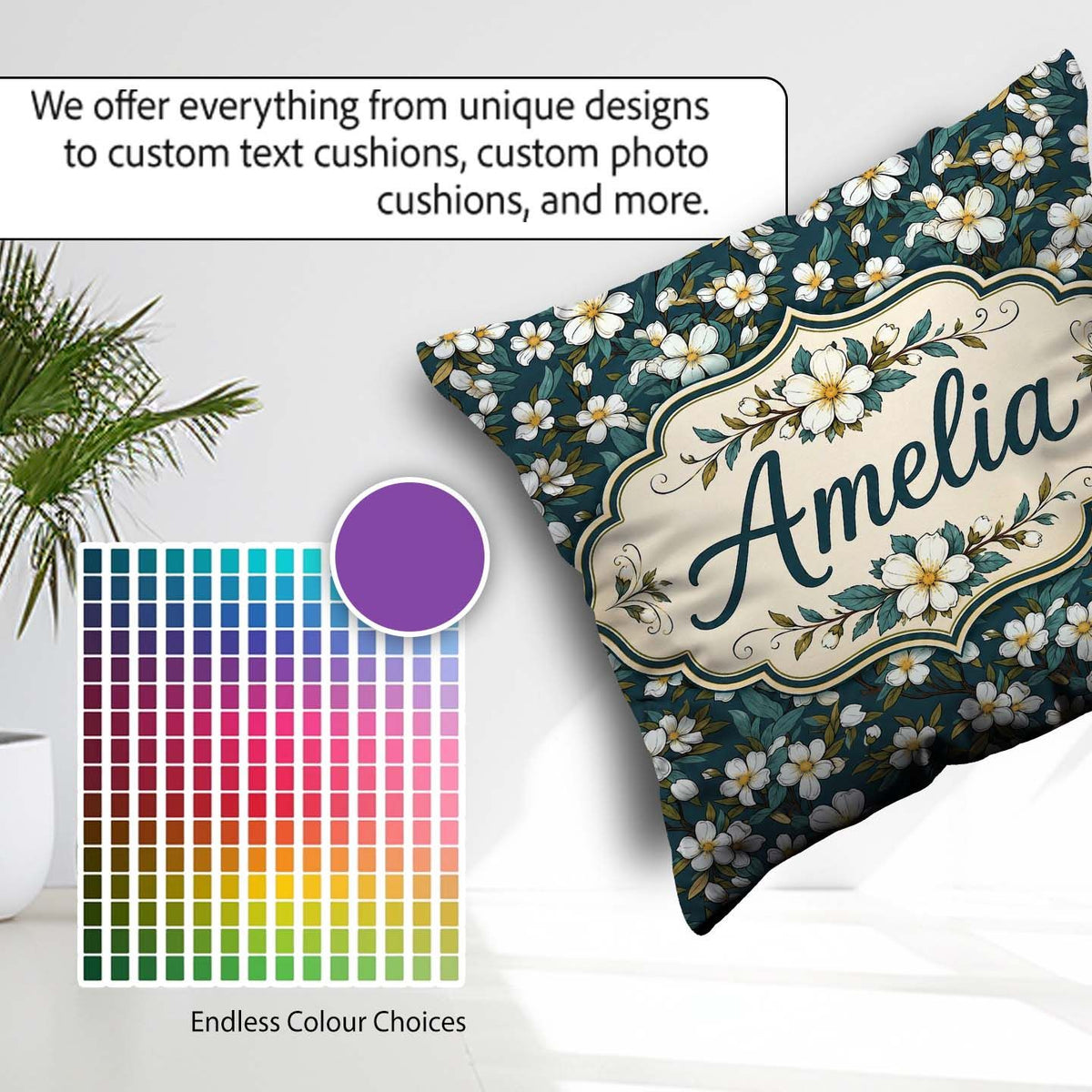 Custom Name Teal Background White Floral Botanical with Detailed Square Filled Cushion Throw Pillow Sofa Bed Home Decor Zip Washable UK Made