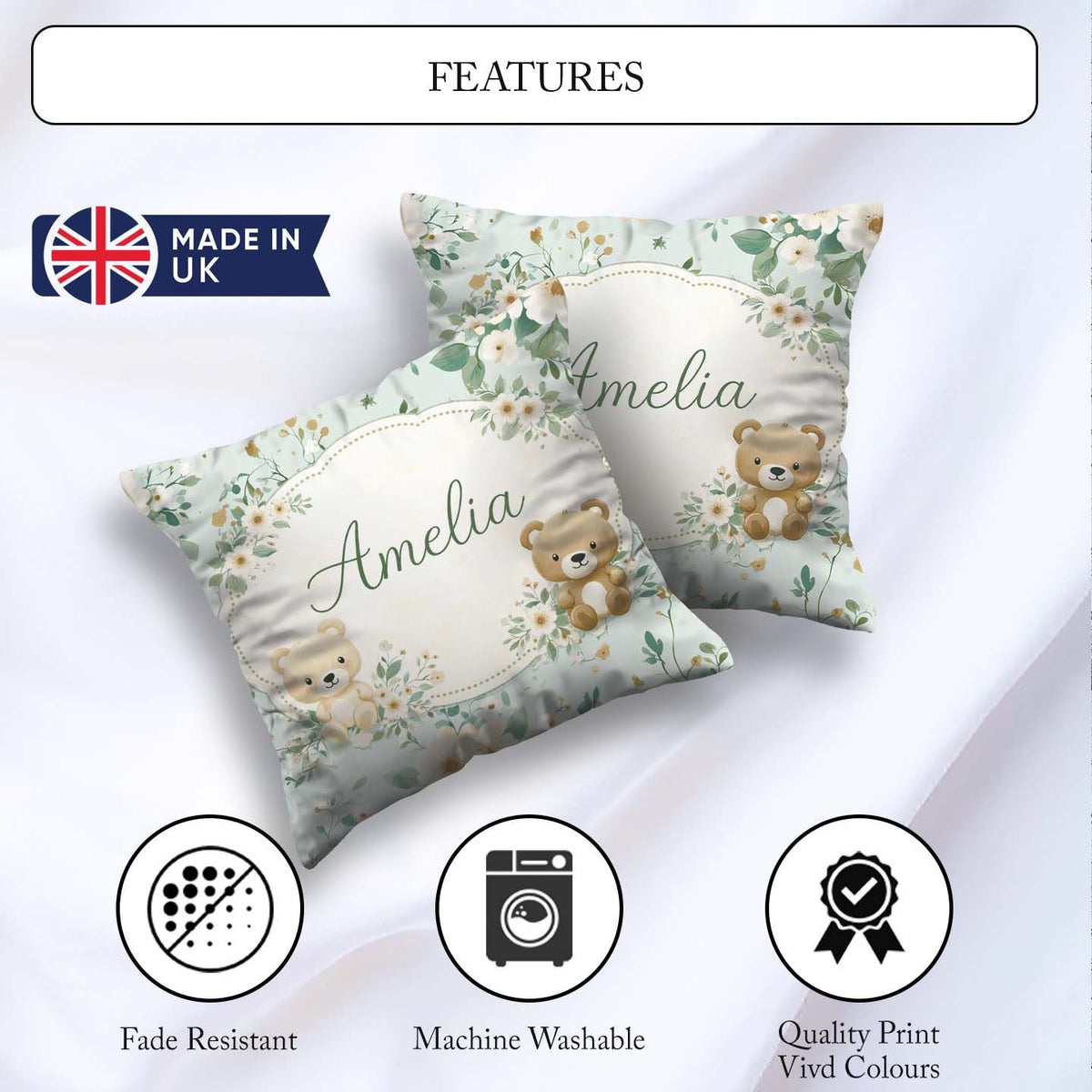 Custom Name Bear Floral Nursery Pattern Blue Background Seamless Square Filled Cushion Throw Pillow Sofa Bed Home Decor Zip Washable UK Made
