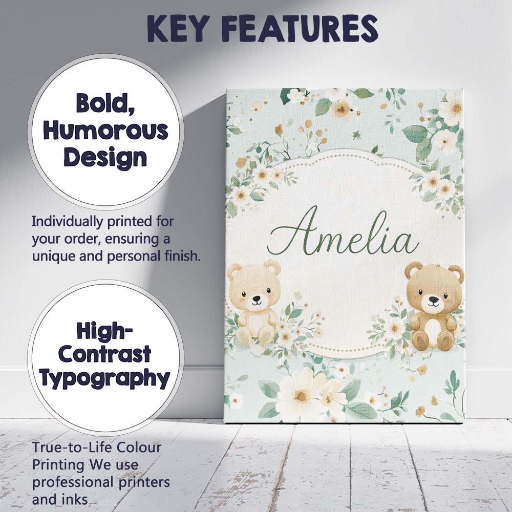 Personalised Name Teddy Bear Floral Nursery Pattern Blue Background Custom Canvas Wall Art Print Decor Picture Ready to Hang