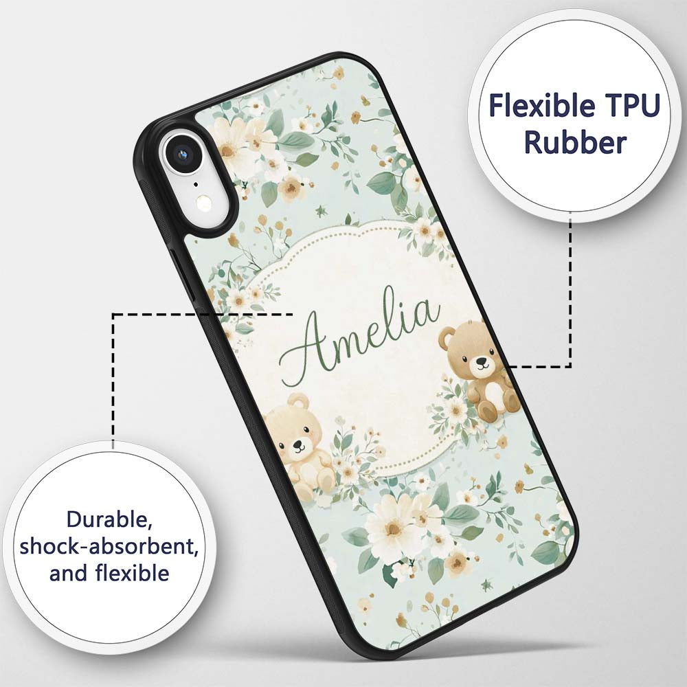 Teddy Bear Floral Nursery Pattern Blue Background Custom Name Protective Phone Case Mobile Cover Durable Everyday Smartphone Shock Resistant