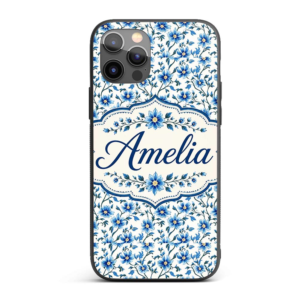 Classic Blue Floral Vine Pattern Printed Design Custom Name Protective Phone Case Mobile Cover Durable Everyday Smartphone Shock Resistant