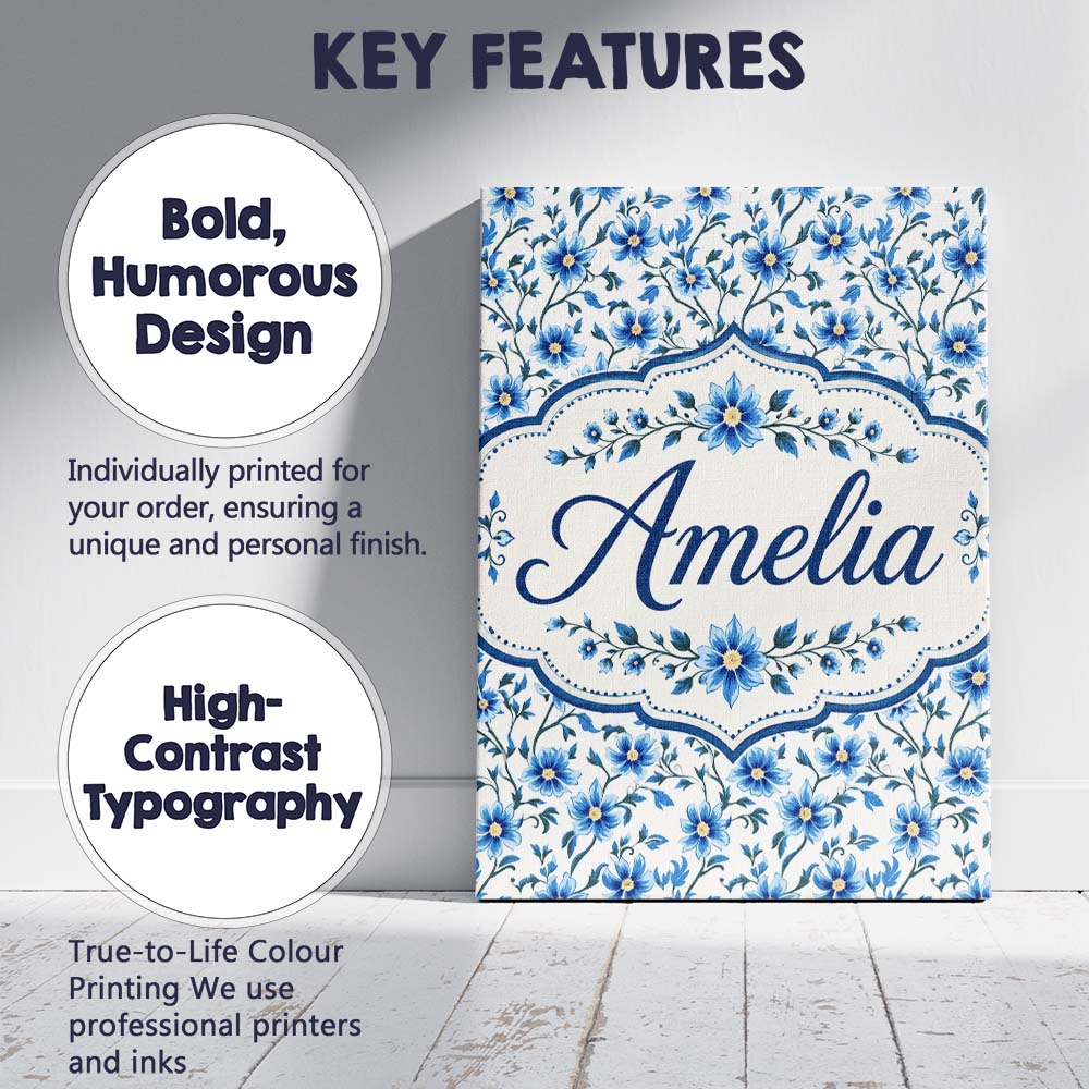 Personalised Name Classic Blue Floral Vine Custom Unique Gift Idea Elegant Feature Canvas Wall Art Print Decor Picture Ready to Hang