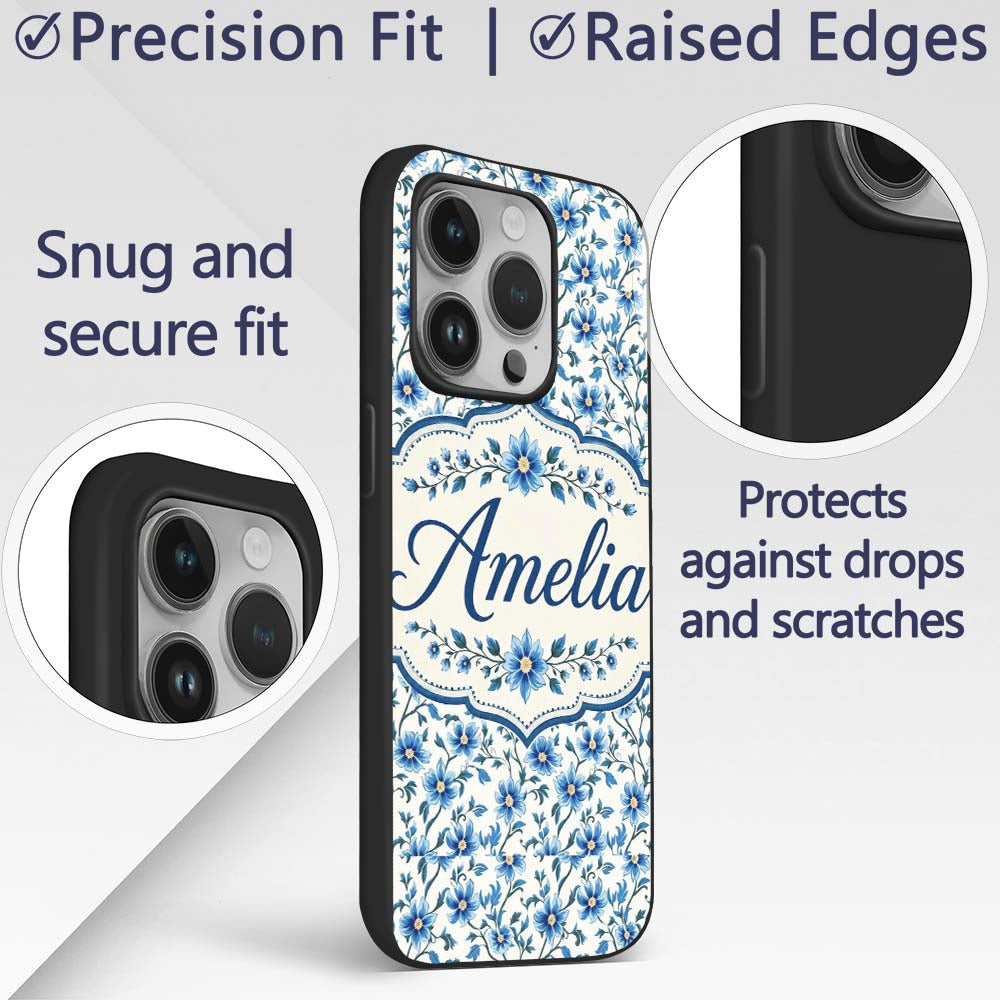 Classic Blue Floral Vine Pattern Printed Design Custom Name Protective Phone Case Mobile Cover Durable Everyday Smartphone Shock Resistant