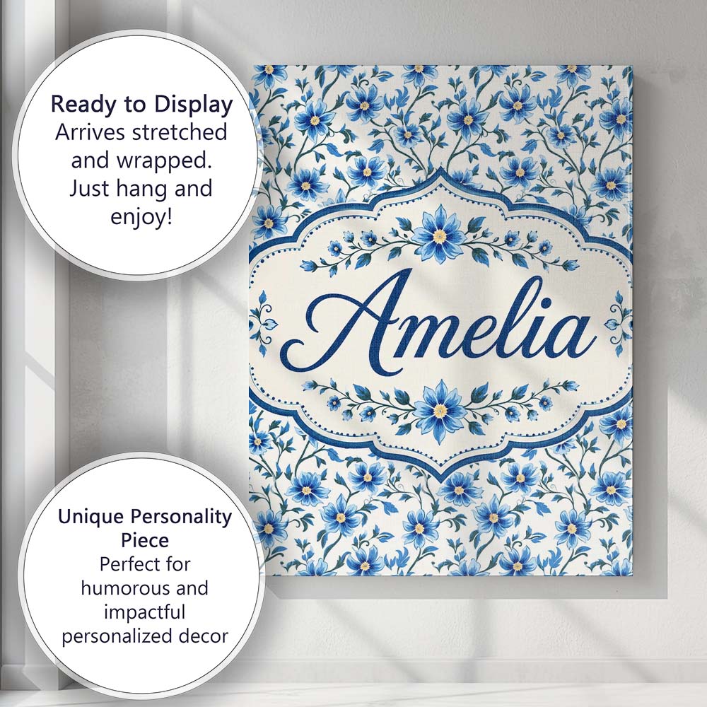 Personalised Name Classic Blue Floral Vine Custom Unique Gift Idea Elegant Feature Canvas Wall Art Print Decor Picture Ready to Hang