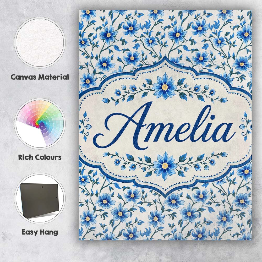Personalised Name Classic Blue Floral Vine Custom Unique Gift Idea Elegant Feature Canvas Wall Art Print Decor Picture Ready to Hang