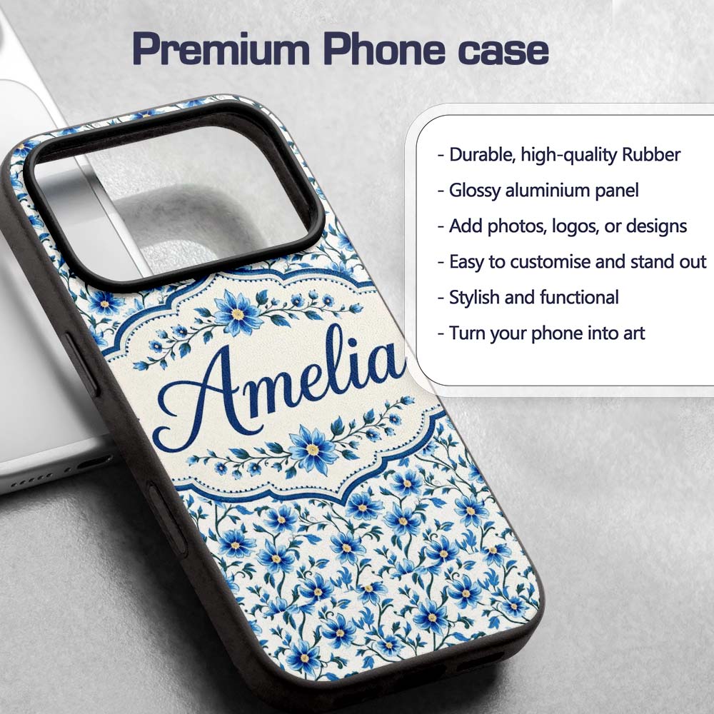 Classic Blue Floral Vine Pattern Printed Design Custom Name Protective Phone Case Mobile Cover Durable Everyday Smartphone Shock Resistant