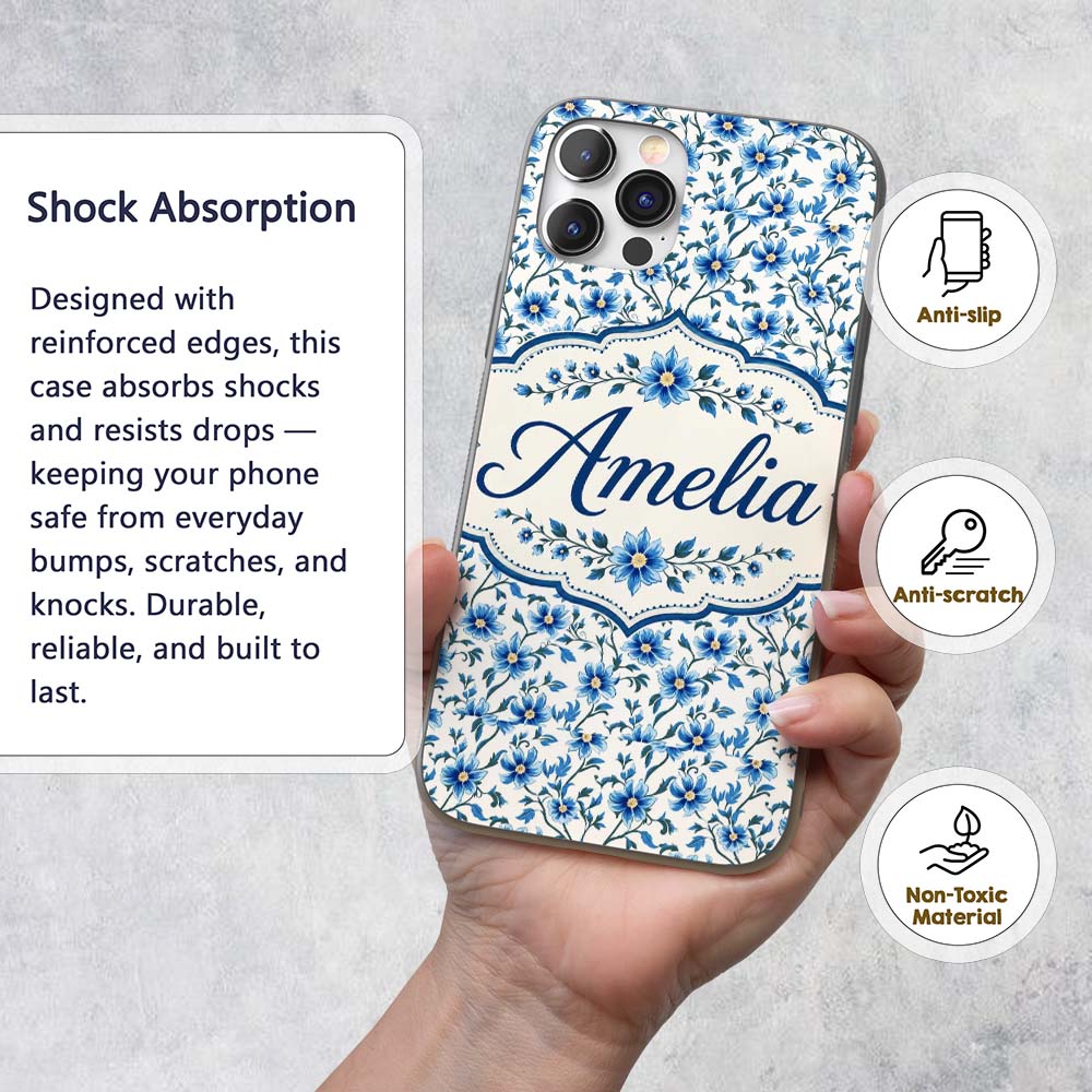 Classic Blue Floral Vine Pattern Printed Design Custom Name Protective Phone Case Mobile Cover Durable Everyday Smartphone Shock Resistant