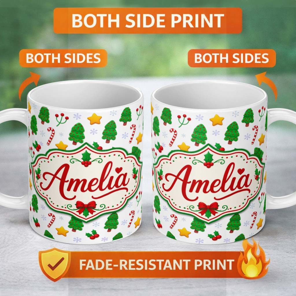 Personalized Custom Name Cute Christmas Trees Stars Holly Candy Cane Seamless Pattern Lovely 11oz Ceramic Coffee Tea Mug White Large Handle