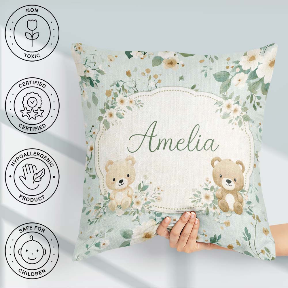 Custom Name Bear Floral Nursery Pattern Blue Background Seamless Square Filled Cushion Throw Pillow Sofa Bed Home Decor Zip Washable UK Made