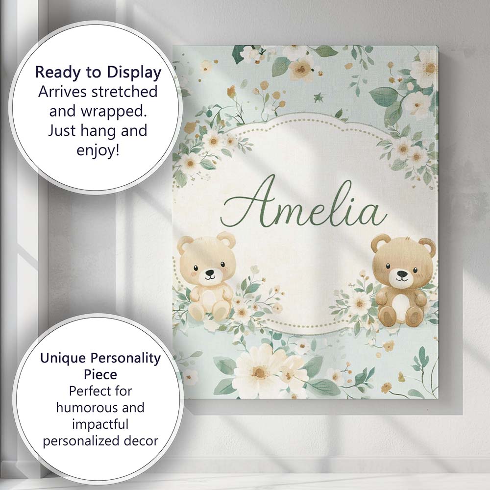 Personalised Name Teddy Bear Floral Nursery Pattern Blue Background Custom Canvas Wall Art Print Decor Picture Ready to Hang