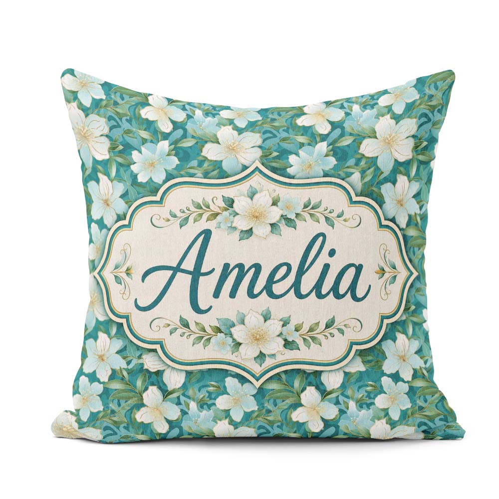 Custom Name Aqua Floral Blossom with Soft White and Green Leaves Square Filled Cushion Throw Pillow Sofa Bed Home Decor Zip Washable UK Made