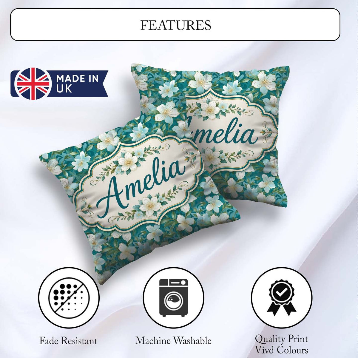 Custom Name Aqua Floral Blossom with Soft White and Green Leaves Square Filled Cushion Throw Pillow Sofa Bed Home Decor Zip Washable UK Made