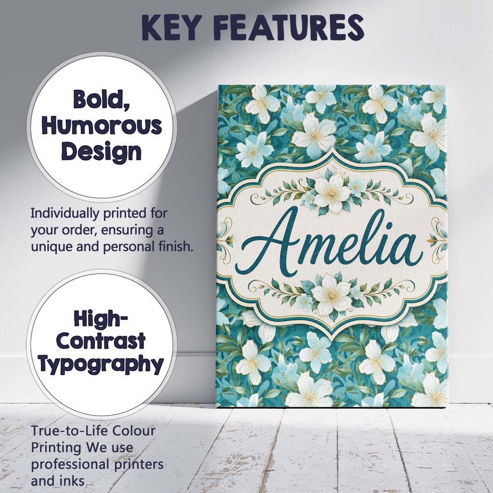 Personalised Name Aqua Floral Blossom Custom Modern Room Accent Creative Decorator Style Canvas Wall Art Print Decor Picture Ready to Hang