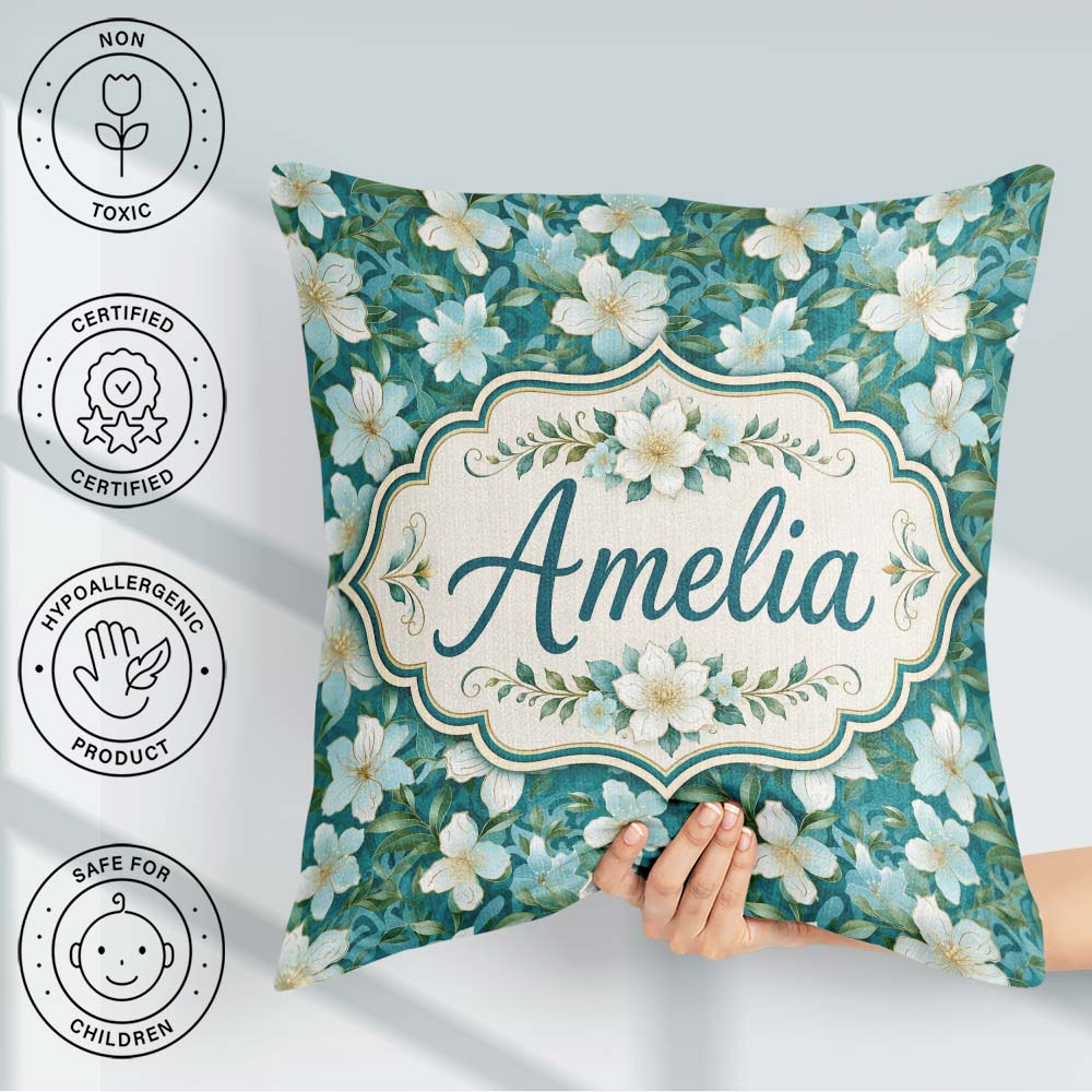 Custom Name Aqua Floral Blossom with Soft White and Green Leaves Square Filled Cushion Throw Pillow Sofa Bed Home Decor Zip Washable UK Made