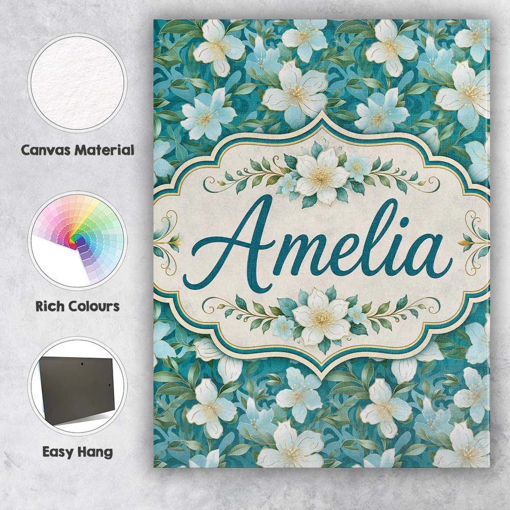 Personalised Name Aqua Floral Blossom Custom Modern Room Accent Creative Decorator Style Canvas Wall Art Print Decor Picture Ready to Hang