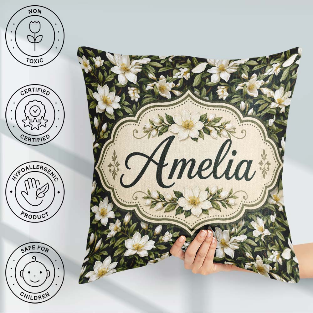 Custom Name Dark Magnolia Style White Flowers with Green Foliage Square Filled Cushion Throw Pillow Sofa Bed Home Decor Zip Washable UK Made