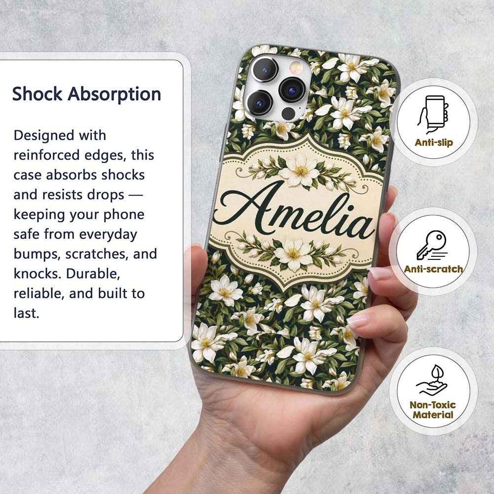 Dark Background Magnolia Style White Flowers with Custom Name Protective Phone Case Mobile Cover Durable Everyday Smartphone Shock Resistant