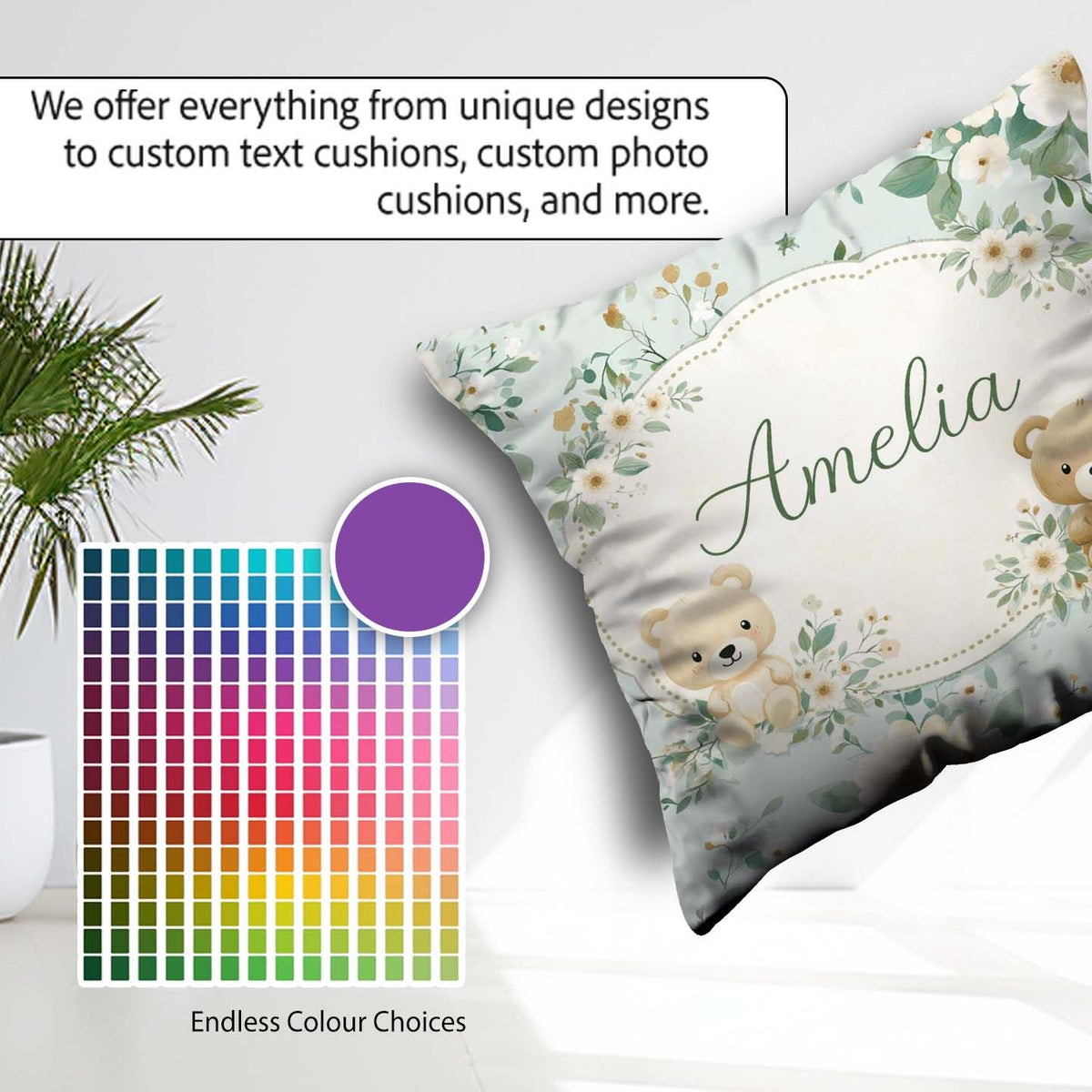 Custom Name Bear Floral Nursery Pattern Blue Background Seamless Square Filled Cushion Throw Pillow Sofa Bed Home Decor Zip Washable UK Made