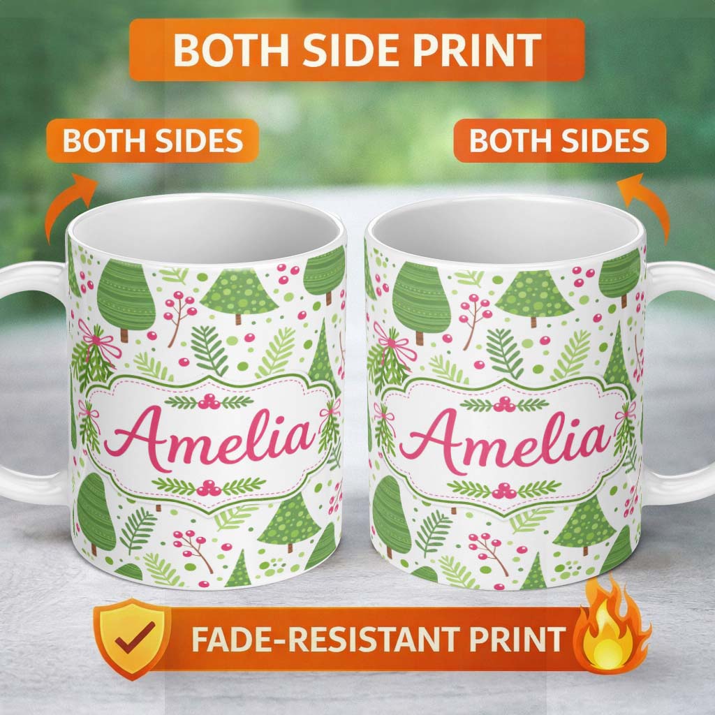 Personalized Custom Name Minimal Christmas Tree Branch Berry Pink Bow Seamless Pattern Lovely 11oz Ceramic Coffee Tea Mug White Large Handle