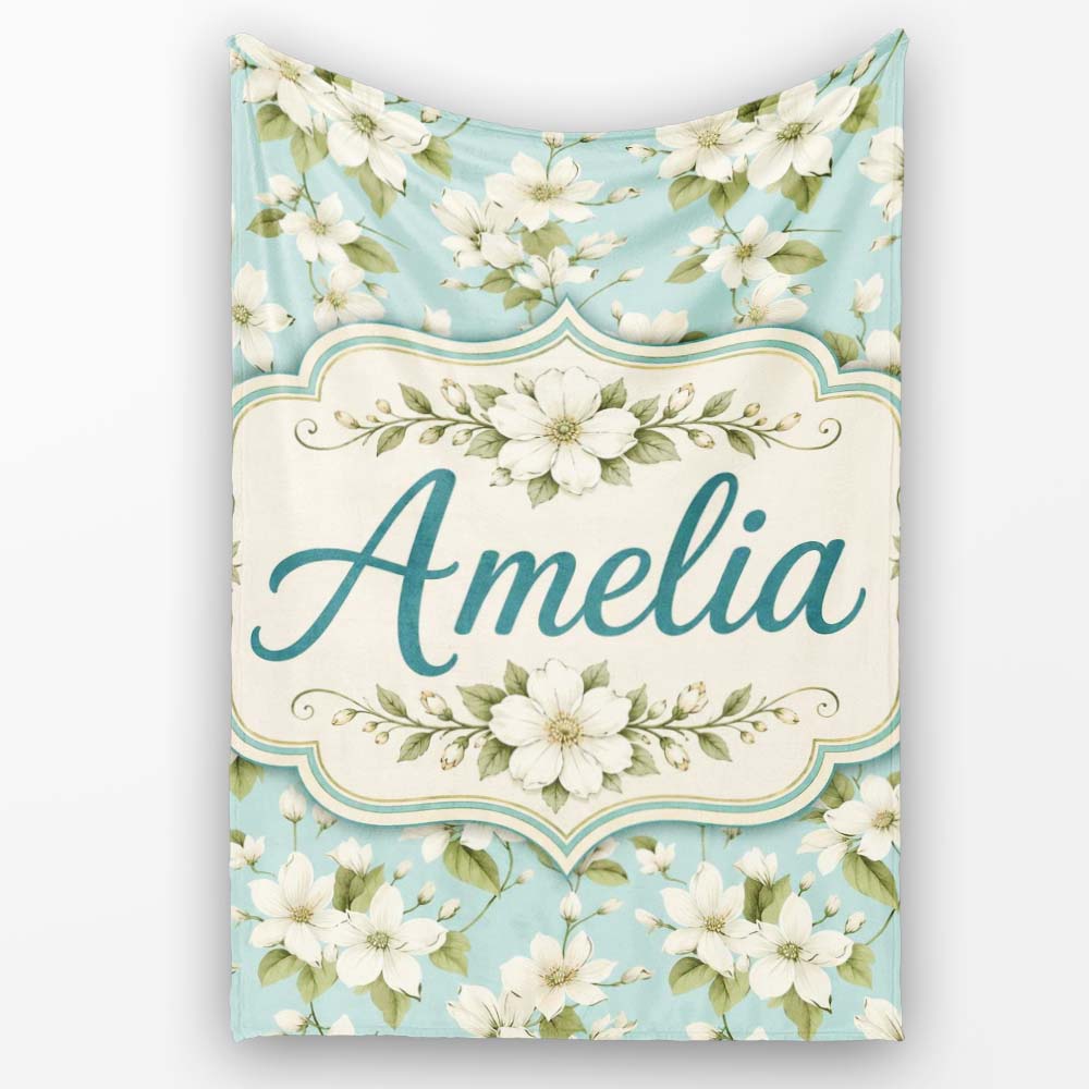 Light Blue Background Delicate White Flower Branch Pattern Botanical Personalised Custom Name Super Soft Fleece Blanket Bed Sofa Throw