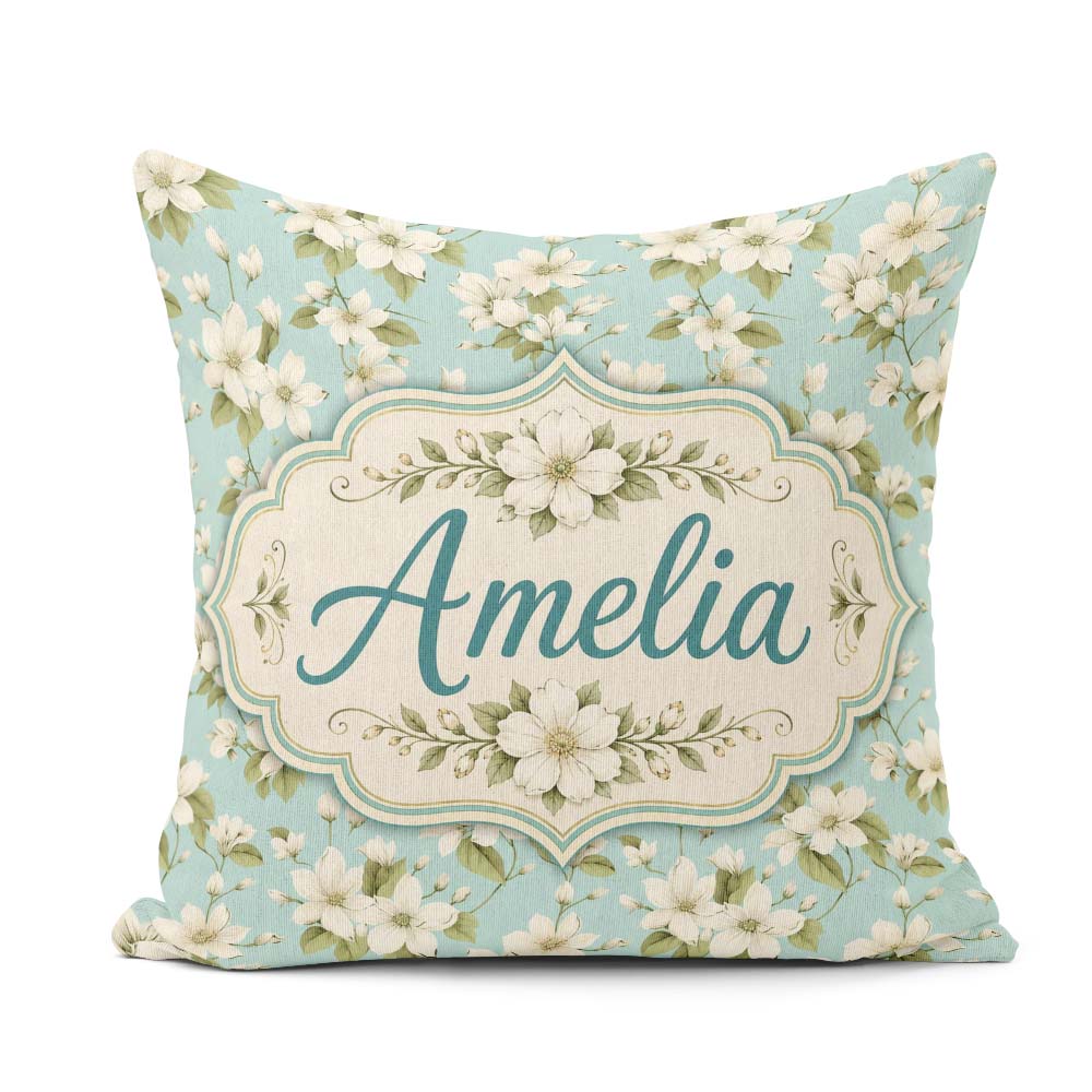 Custom Name Light Blue Background Delicate Flower Branch Pattern Square Filled Cushion Throw Pillow Sofa Bed Home Decor Zip Washable UK Made