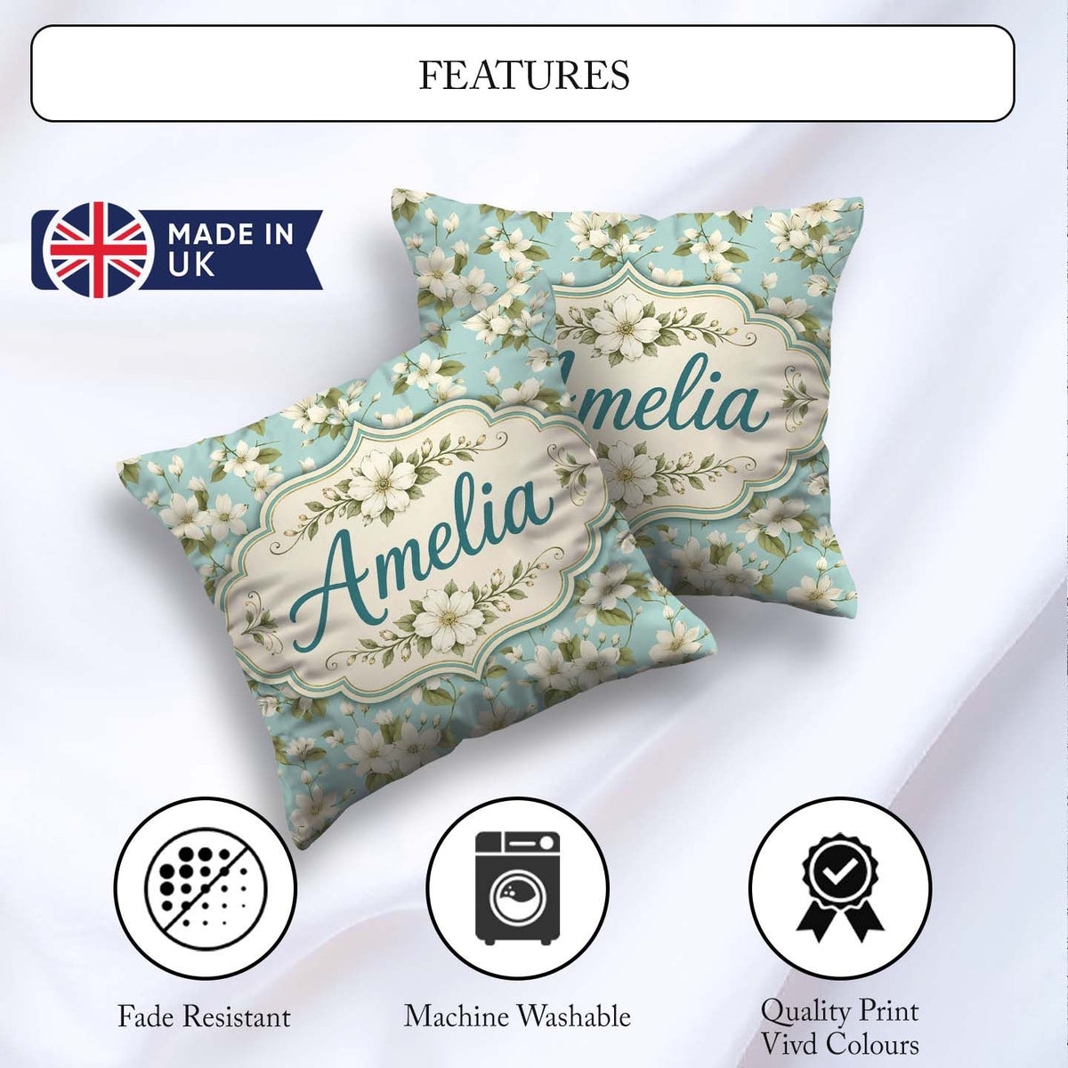 Custom Name Light Blue Background Delicate Flower Branch Pattern Square Filled Cushion Throw Pillow Sofa Bed Home Decor Zip Washable UK Made