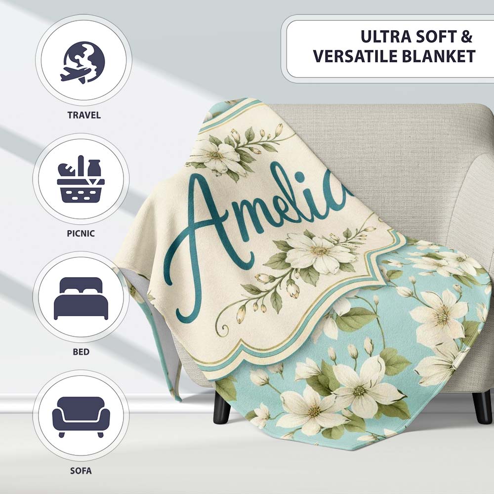 Light Blue Background Delicate White Flower Branch Pattern Botanical Personalised Custom Name Super Soft Fleece Blanket Bed Sofa Throw